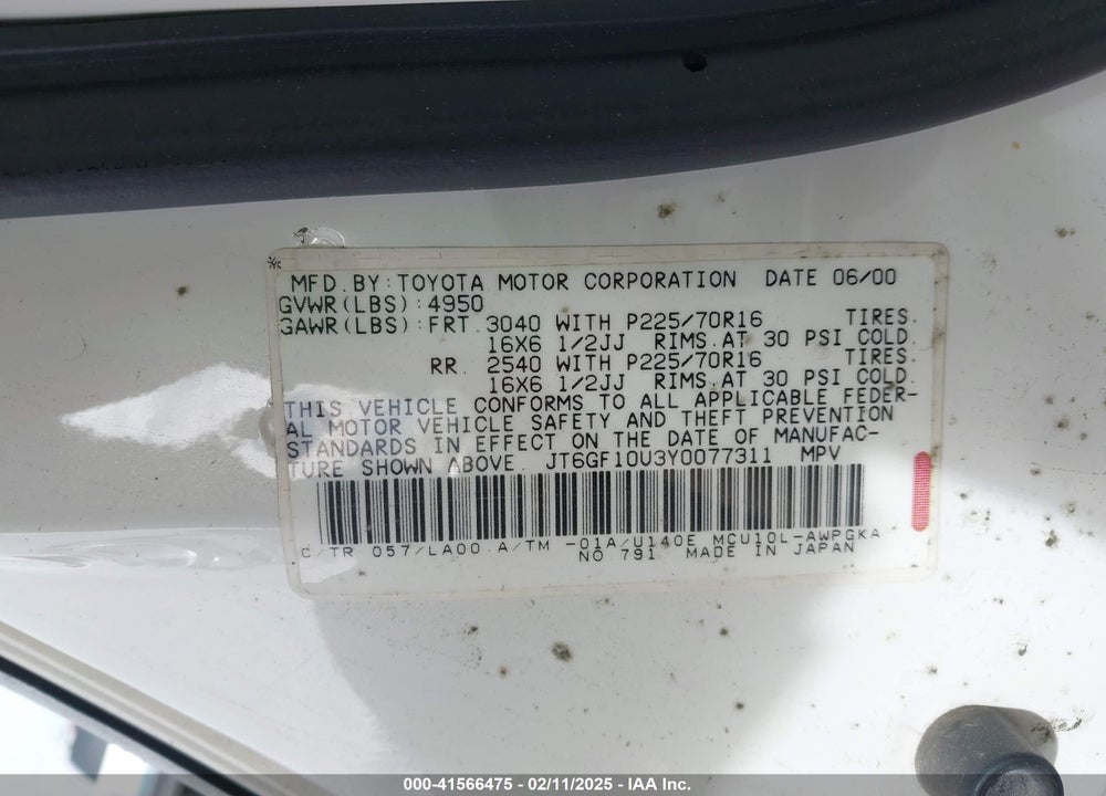 2000 LEXUS RX 300 VIN: JT6GF10U3Y0077311