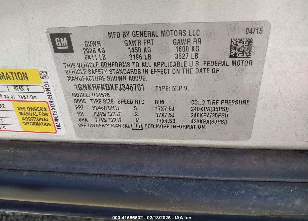 2015 CHEVROLET TRAVERSE LS VIN: 1GNKRFKDXFJ346701