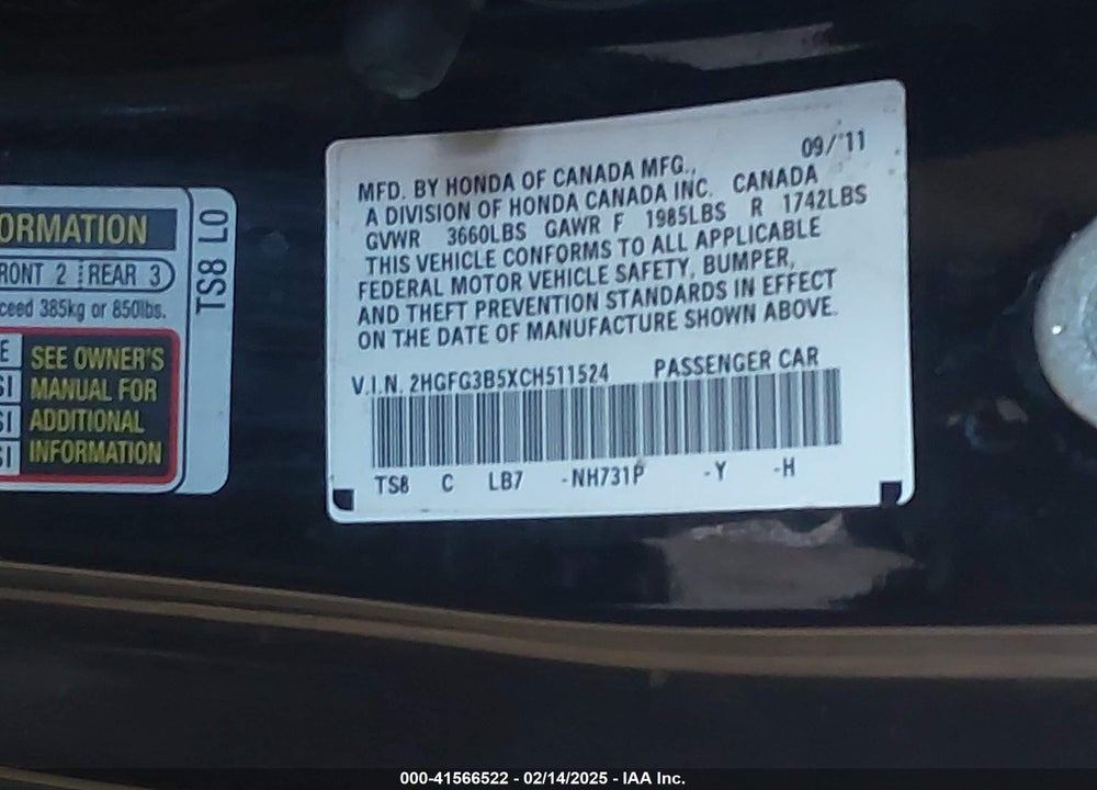 2012 HONDA CIVIC VIN: 2HGFG3B5XCH511524