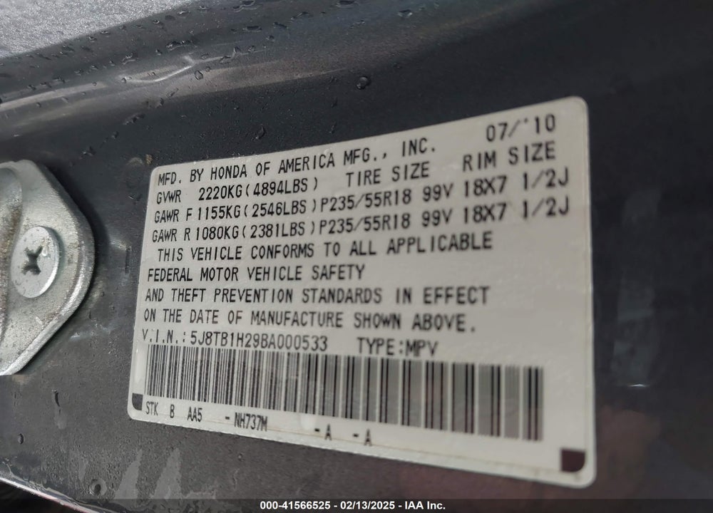 2011 ACURA RDX VIN: 5J8TB1H29BA000533