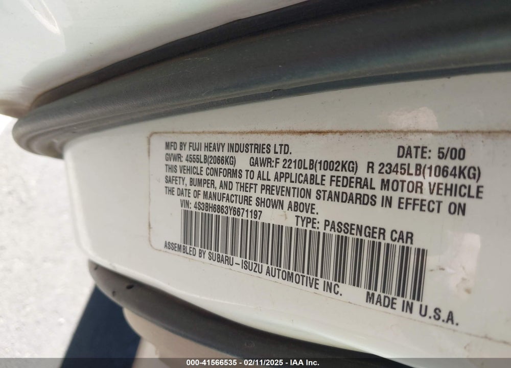 2000 SUBARU OUTBACK LIMITED VIN: 4S3BH6863Y6671197