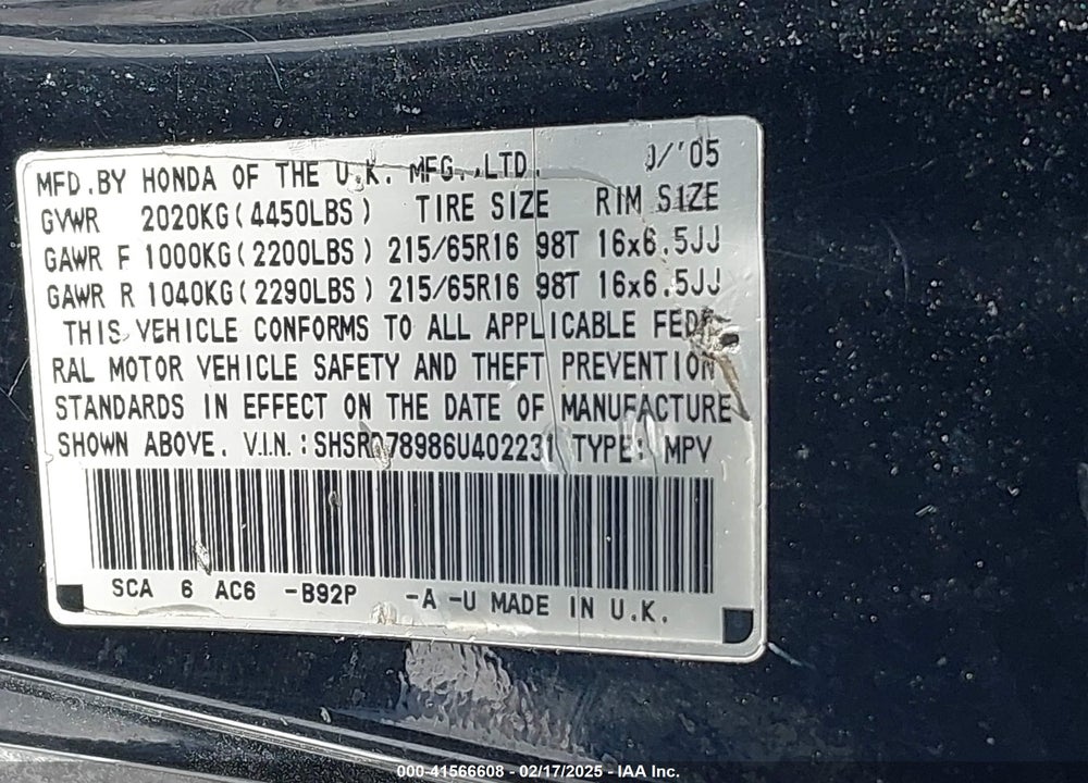 2006 HONDA CR-V SE VIN: SHSRD78986U402231