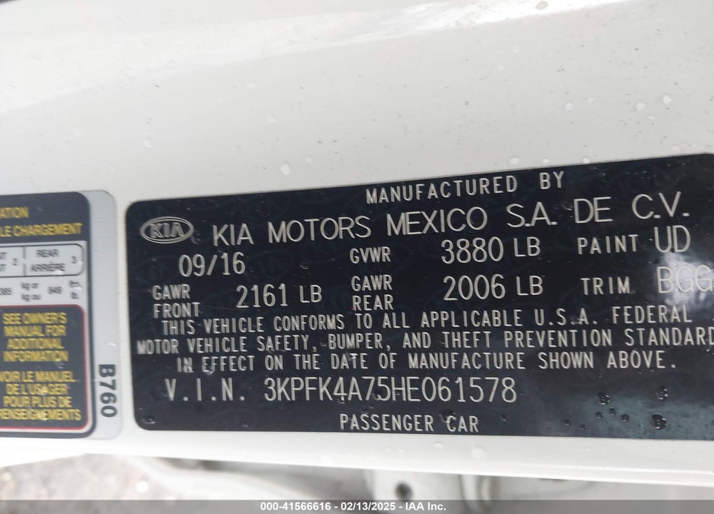 2017 KIA FORTE VIN: 3KPFK4A75HE061578