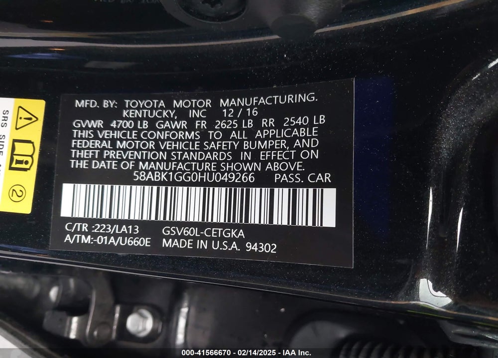 2017 LEXUS ES 350 VIN: 58ABK1GG0HU049266