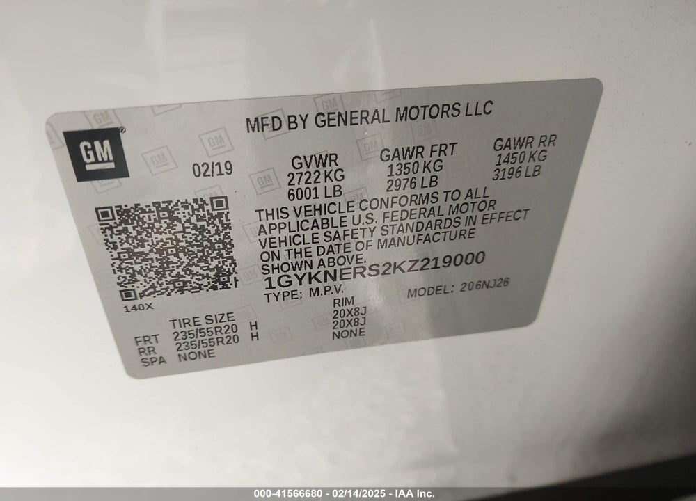 2019 CADILLAC XT5 VIN: 1GYKNERS2KZ219000