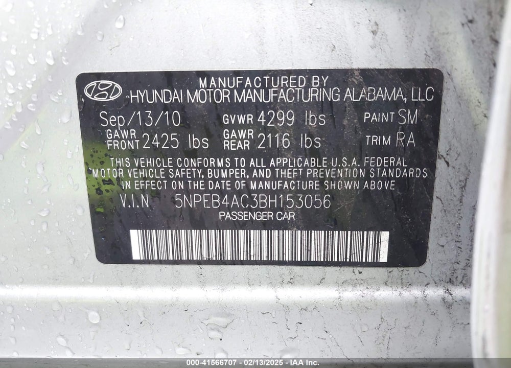 2011 HYUNDAI SONATA GLS VIN: 5NPEB4AC3BH153056