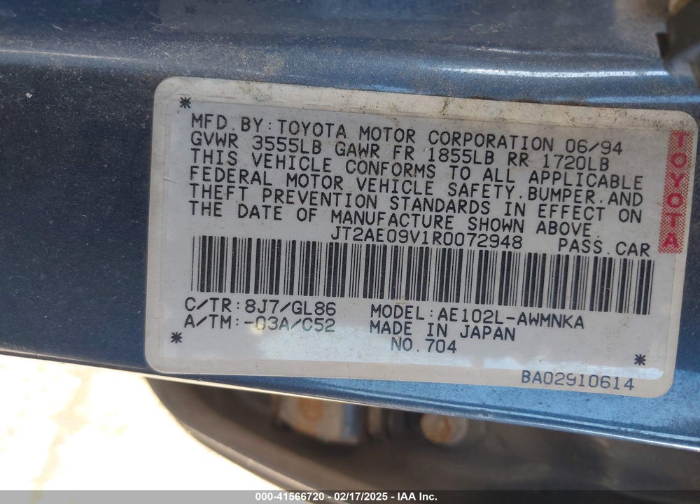 1994 TOYOTA COROLLA VIN: JT2AE09V1R0072948