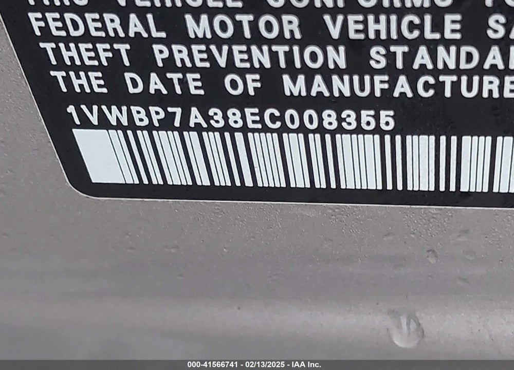 2014 VOLKSWAGEN PASSAT VIN: 1VWBP7A38EC008355