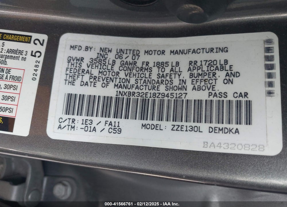 2008 TOYOTA COROLLA VIN: 1NXBR32E18Z945127