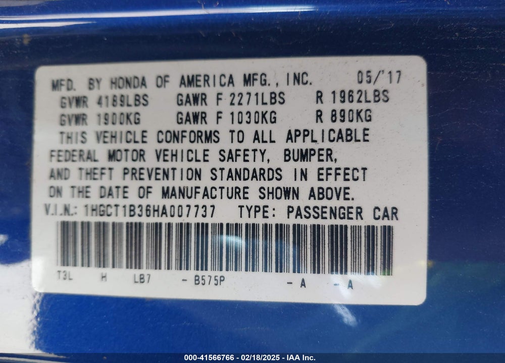 2017 HONDA ACCORD VIN: 1HGCT1B36HA007737