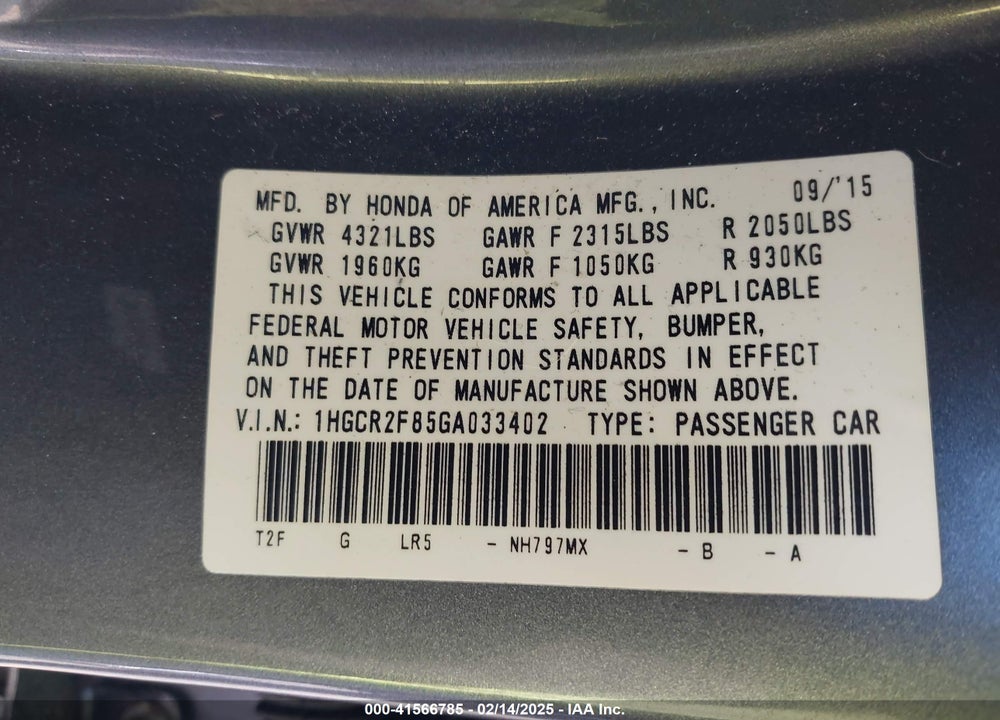 2016 HONDA ACCORD VIN: 1HGCR2F85GA033402