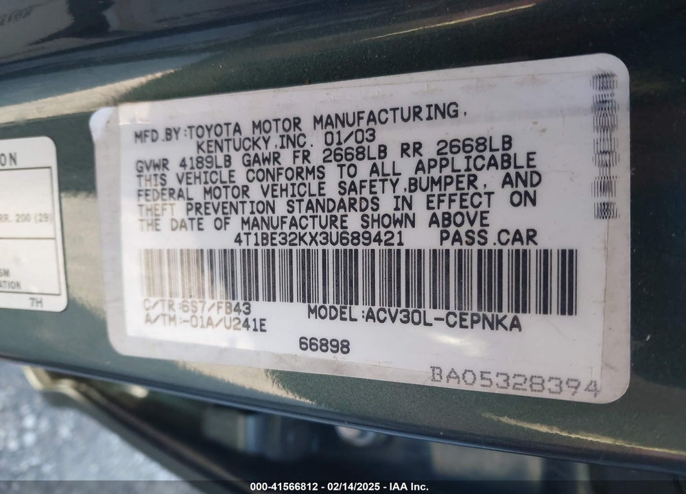 2003 TOYOTA CAMRY VIN: 4T1BE32KX3U689421