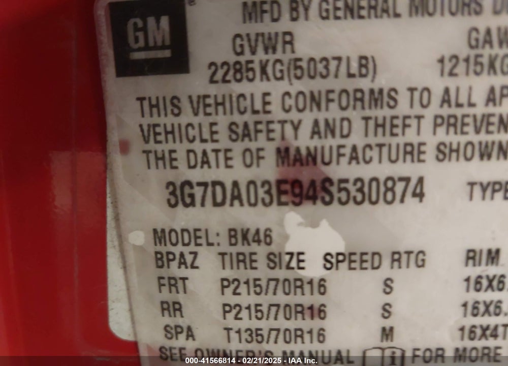 2004 PONTIAC AZTEK VIN: 3G7DA03E94S530874