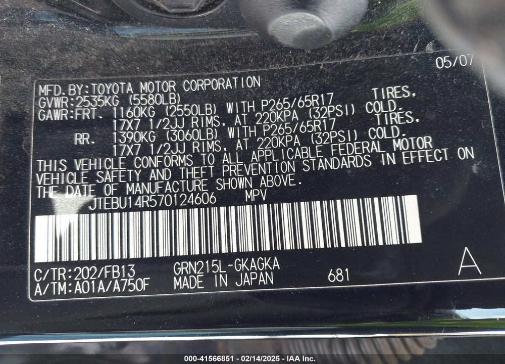 2007 TOYOTA 4RUNNER SPORT V6 VIN: JTEBU14R570124606