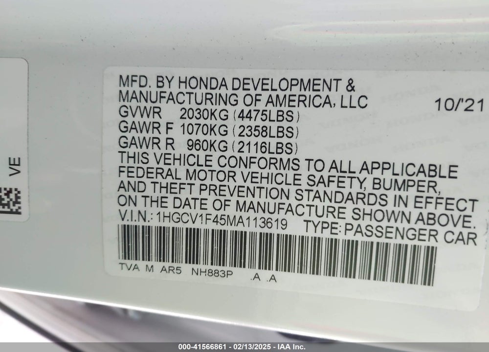 2021 HONDA ACCORD VIN: 1HGCV1F45MA113619