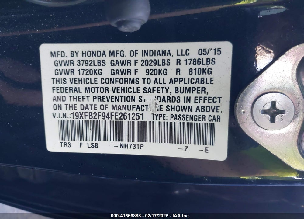 2015 HONDA CIVIC VIN: 19XFB2F94FE261251