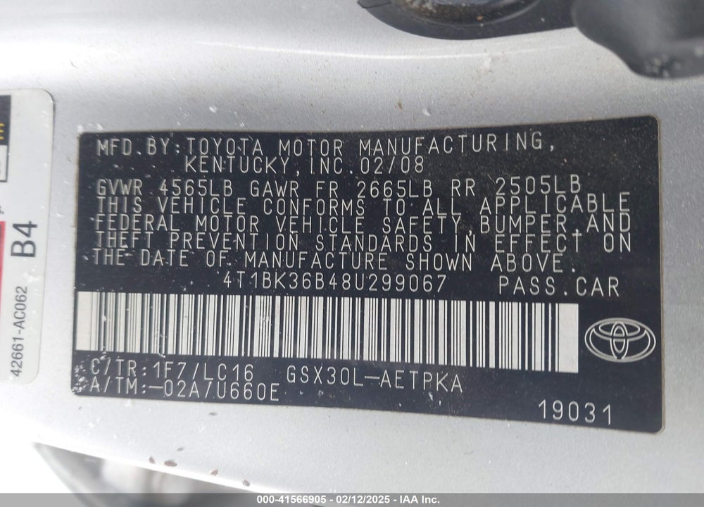 2008 TOYOTA AVALON LIMITED VIN: 4T1BK36B48U299067