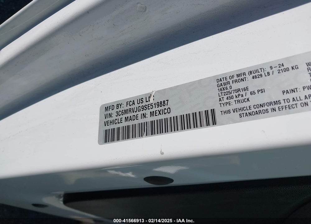 2025 RAM PROMASTER 3500 CARGO VAN TRADESMAN HIGH ROOF 159 WB EXT VIN: 3C6MRVJG9SE519887