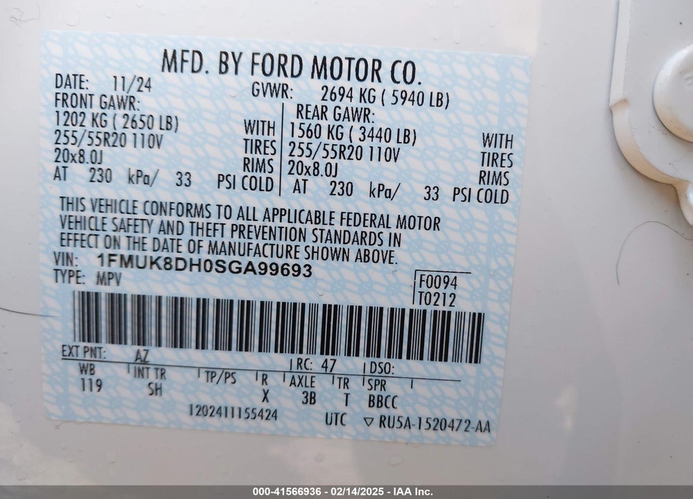 2025 FORD EXPLORER VIN: 1FMUK8DH0SGA99693