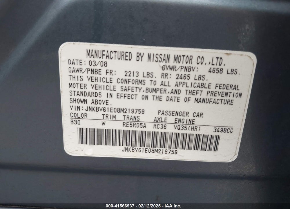 2008 INFINITI G35 JOURNEY VIN: JNKBV61E08M219759