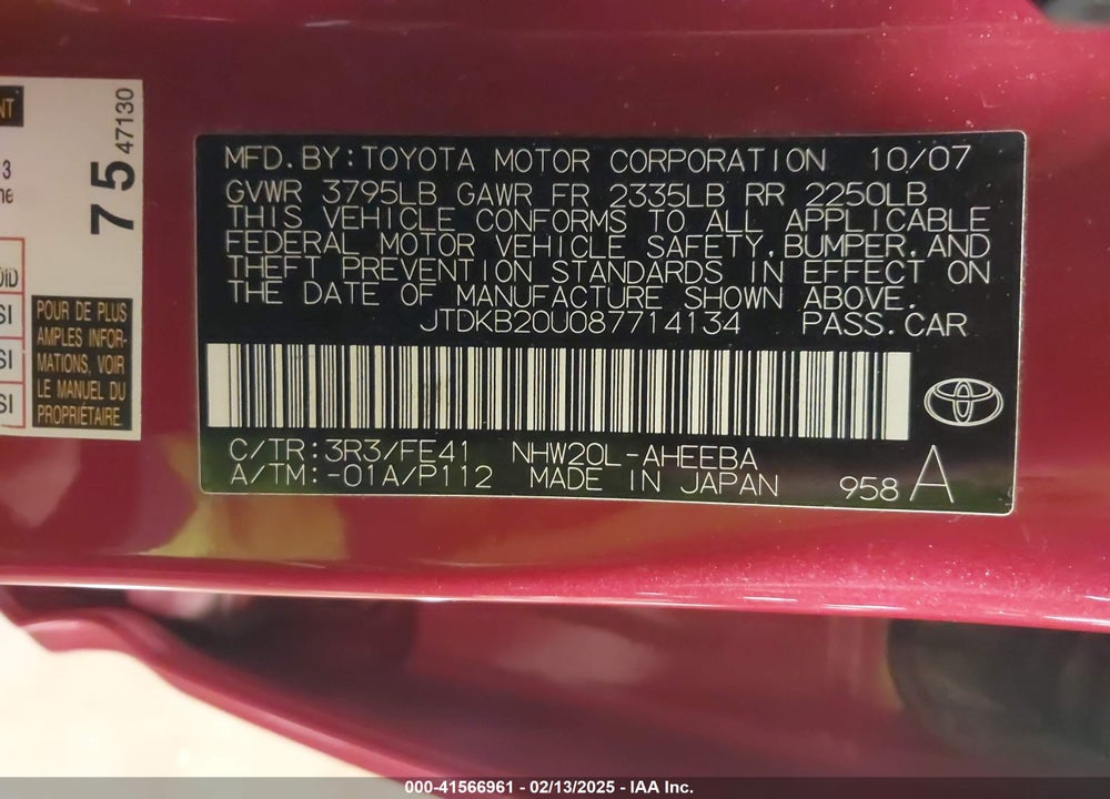 2008 TOYOTA PRIUS VIN: JTDKB20U087714134
