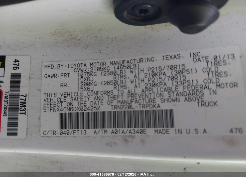 2013 TOYOTA TACOMA VIN: 5TFNX4CN6DX024252