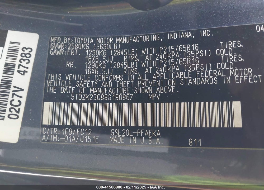 2008 TOYOTA SIENNA LE VIN: 5TDZK23C88S190867