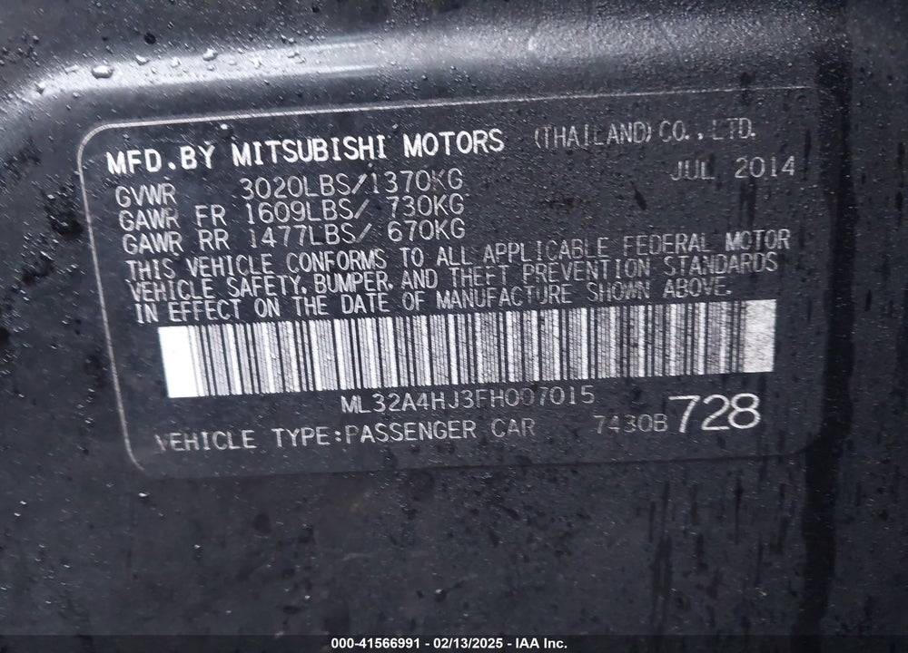 2015 MITSUBISHI MIRAGE VIN: ML32A4HJ3FH007015