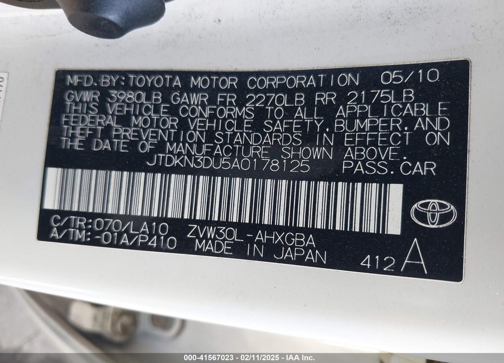 2010 TOYOTA PRIUS VIN: JTDKN3DU5A0178125