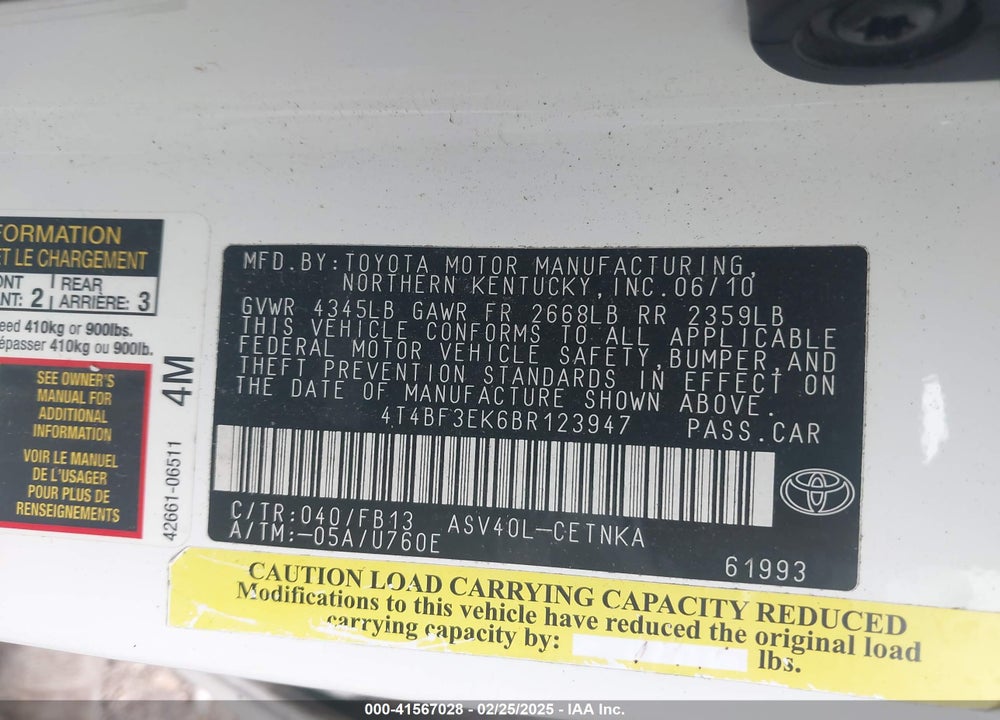 2011 TOYOTA CAMRY LE VIN: 4T4BF3EK6BR123947