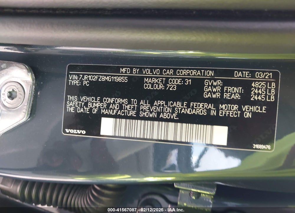 2021 VOLVO S60 VIN: 7JR102FZ8MG119855