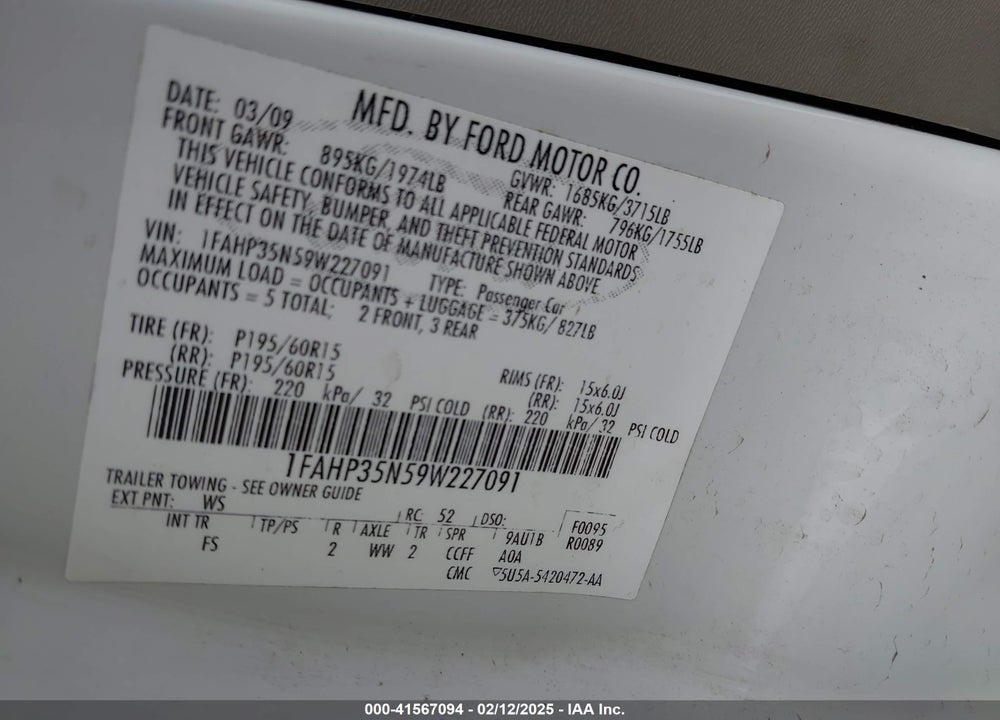 2009 FORD FOCUS SE VIN: 1FAHP35N59W227091