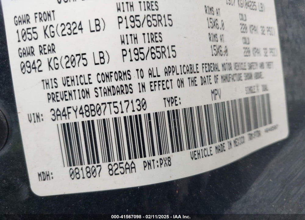 2007 CHRYSLER PT CRUISER VIN: 3A4FY48B07T517130