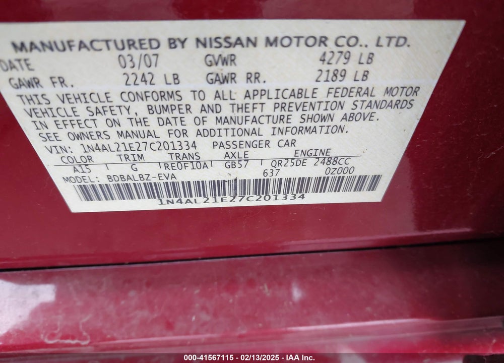 2007 NISSAN ALTIMA 2.5 S VIN: 1N4AL21E27C201334