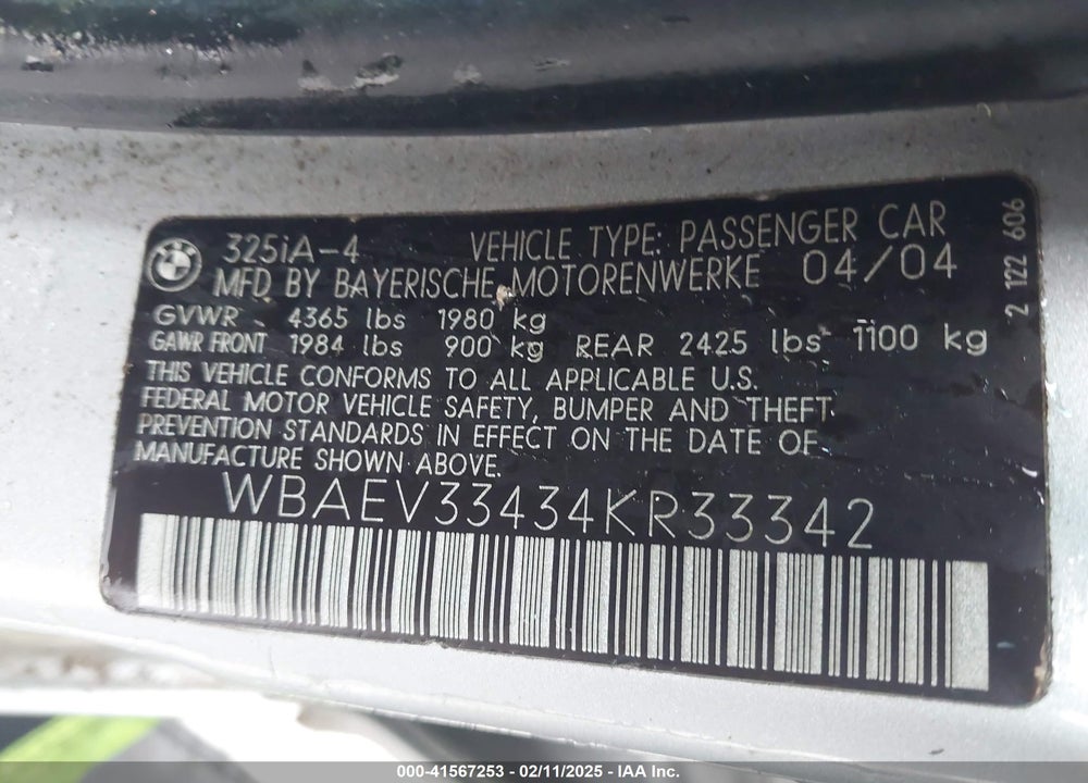 2004 BMW 325I VIN: WBAEV33434KR33342