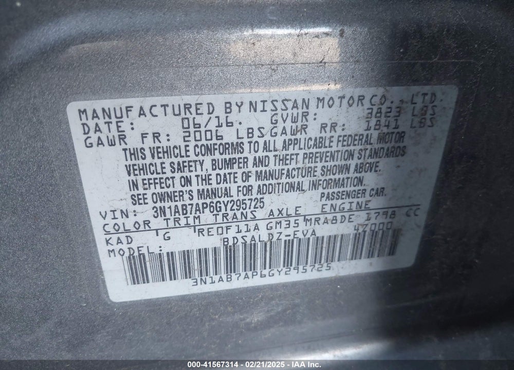2016 NISSAN SENTRA VIN: 3N1AB7AP6GY295725
