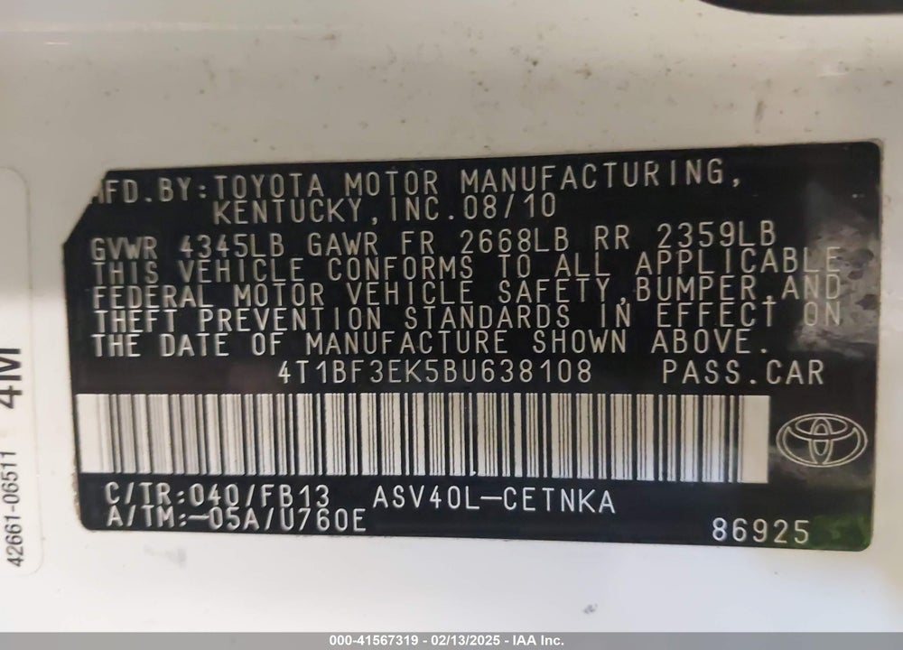 2011 TOYOTA CAMRY VIN: 4T1BF3EK5BU638108