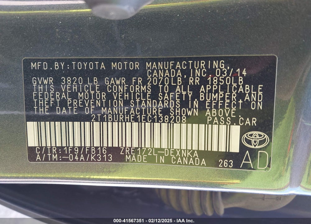 2014 TOYOTA COROLLA VIN: 2T1BURHE1EC138208