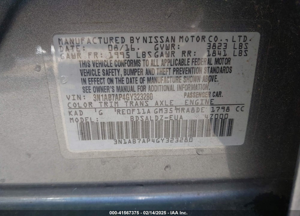 2016 NISSAN SENTRA VIN: 3N1AB7AP4GY323280