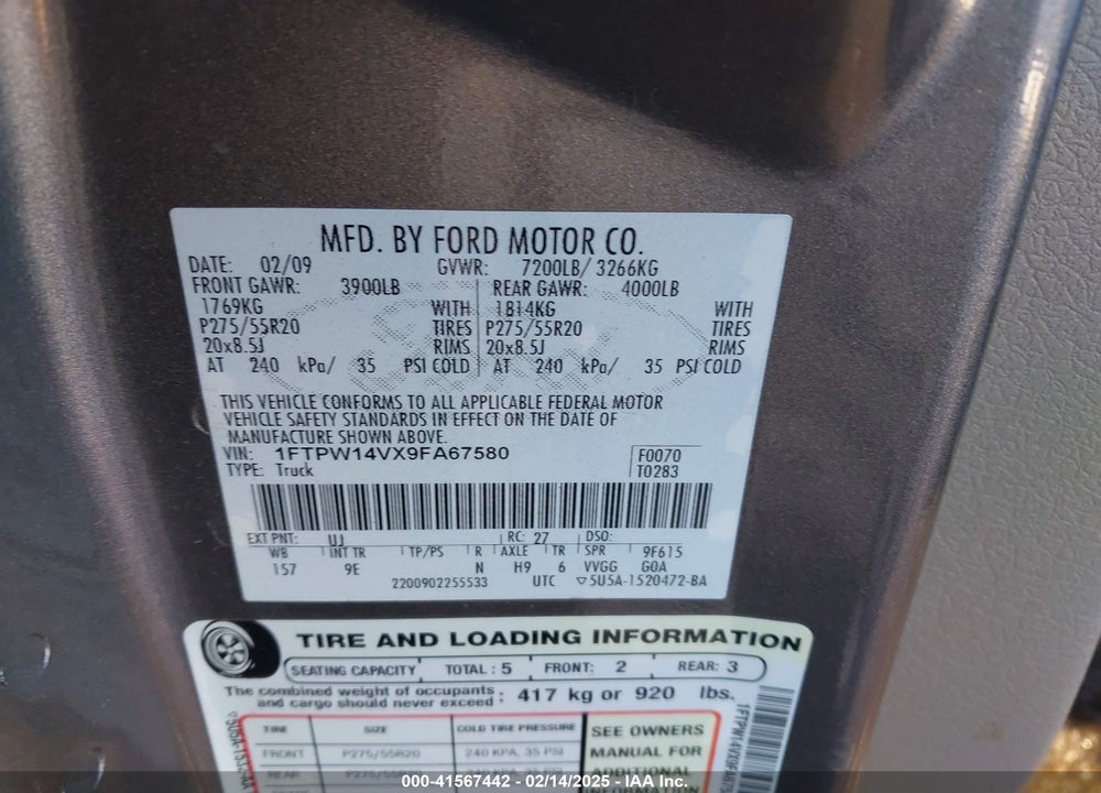 2009 FORD F-150 PLATINUM VIN: 1FTPW14VX9FA67580