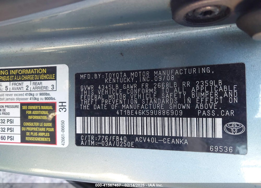 2009 TOYOTA CAMRY VIN: 4T1BE46K59U886909