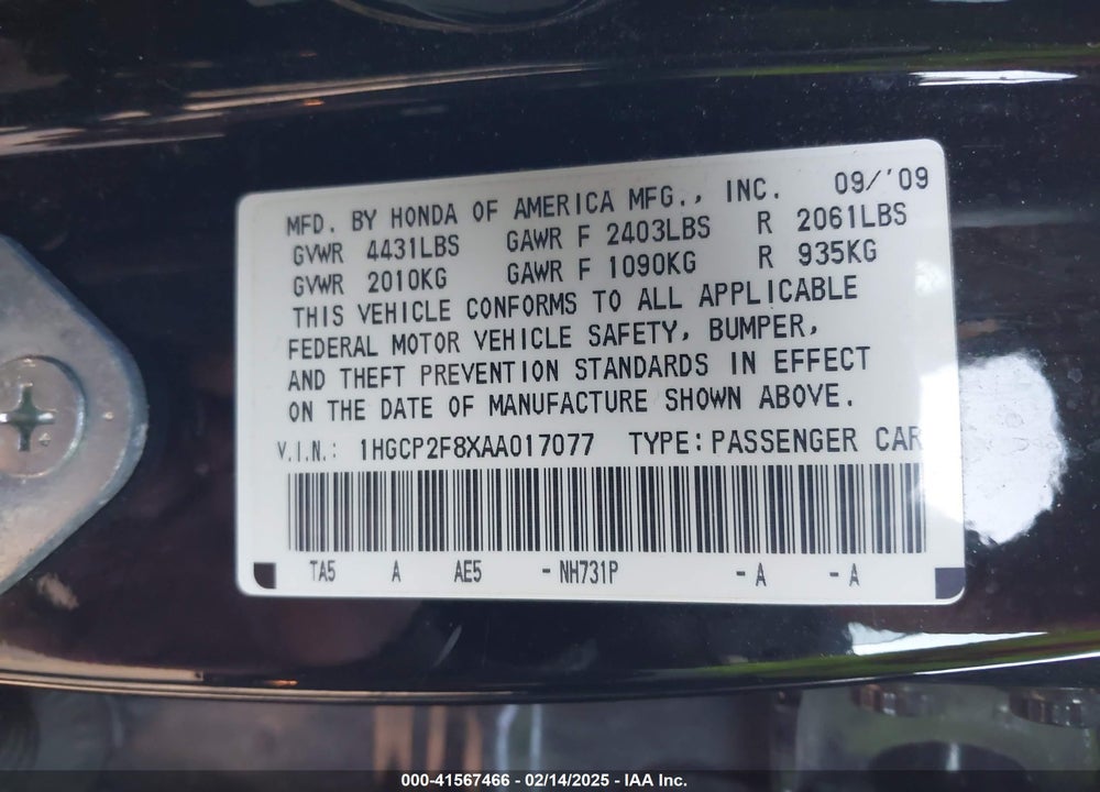 2010 HONDA ACCORD VIN: 1HGCP2F8XAA017077