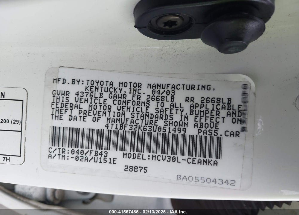 2003 TOYOTA CAMRY VIN: 4T1BF32K63U051499