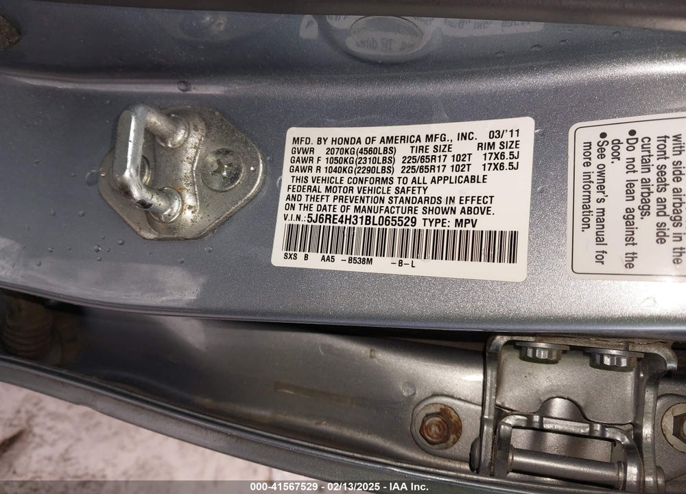 2011 HONDA CR-V LX VIN: 5J6RE4H31BL065529