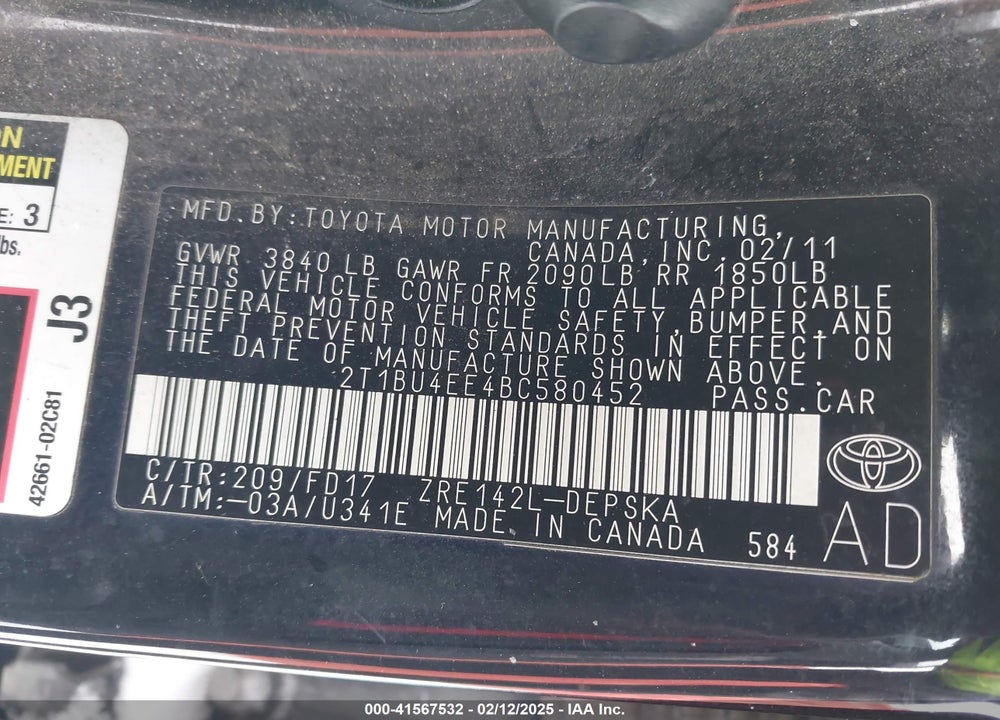 2011 TOYOTA COROLLA VIN: 2T1BU4EE4BC580452