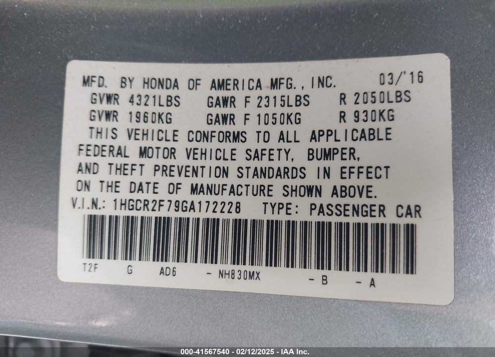 2016 HONDA ACCORD VIN: 1HGCR2F79GA172228