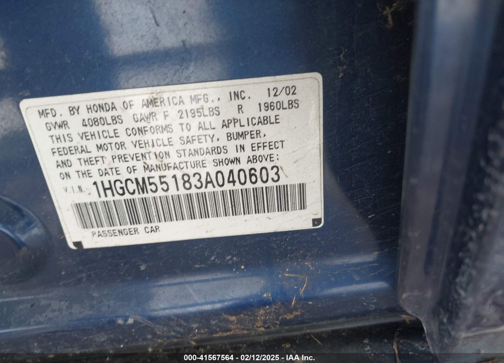 2003 HONDA ACCORD 2.4 DX VIN: 1HGCM55183A040603