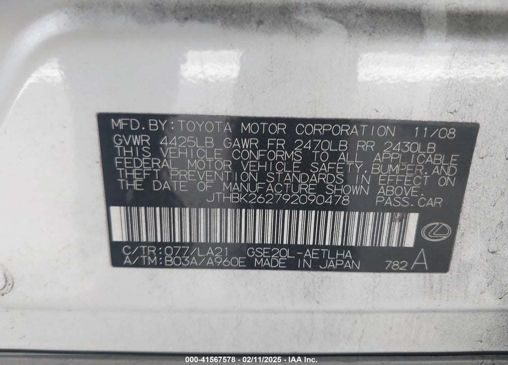 2009 LEXUS IS 250 VIN: JTHBK262792090478