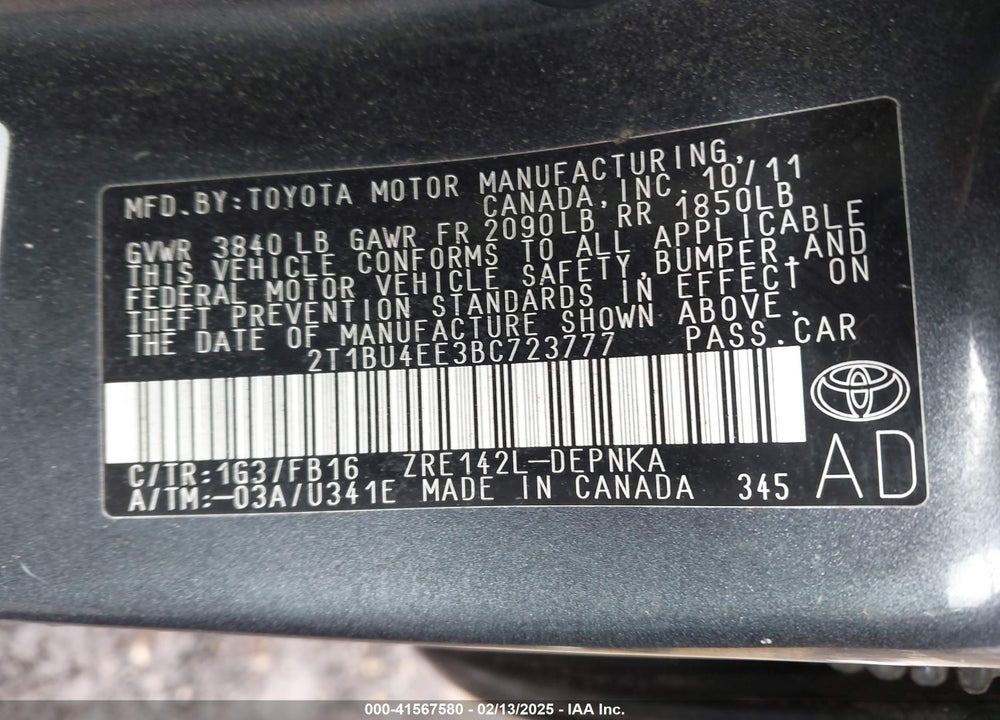 2011 TOYOTA COROLLA LE VIN: 2T1BU4EE3BC723777