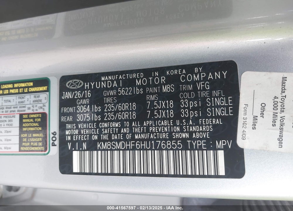 2017 HYUNDAI SANTA FE SE VIN: KM8SMDHF6HU176855